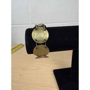 Vintage Peruvian Coin Bracelet 50 Soles de Oro 1980 Brass Folk Art Crest Brass